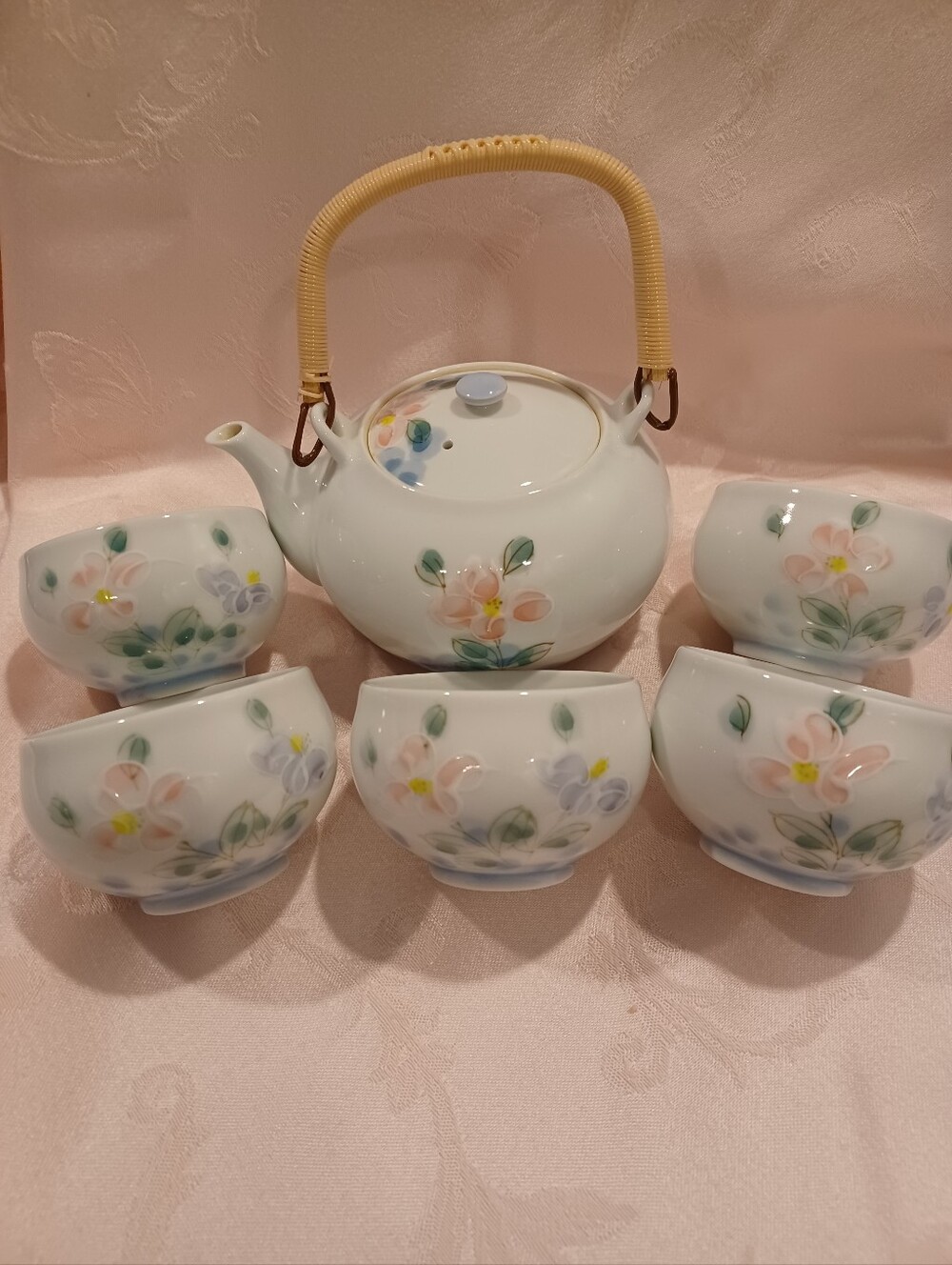 Japanese Arita Ware Porcelain Handpainted Floral Tea Set Teapot And 5 Cups